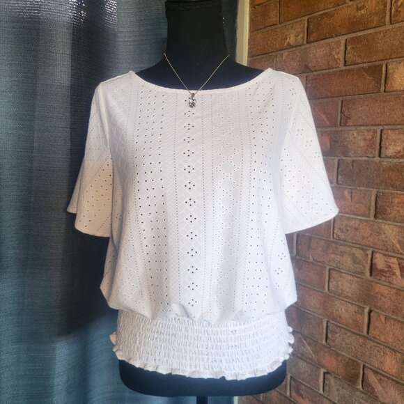 Michael Kors Collection White Eyelet Smocked-Hem Blouse - Women's Size M - Picture 1 of 12
